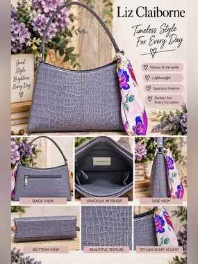 Liz Claiborne Lavender Croc-Embossed Shoulder Bag with Floral Scarf